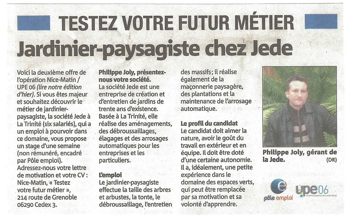 Article du Nice Matin sur la société Jardins Jede